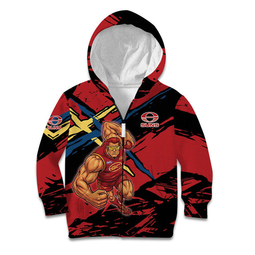 Gold Coast Suns Kid Hoodie Suns Muscular Mascot Graphic - Abstract Paint Splatter Art