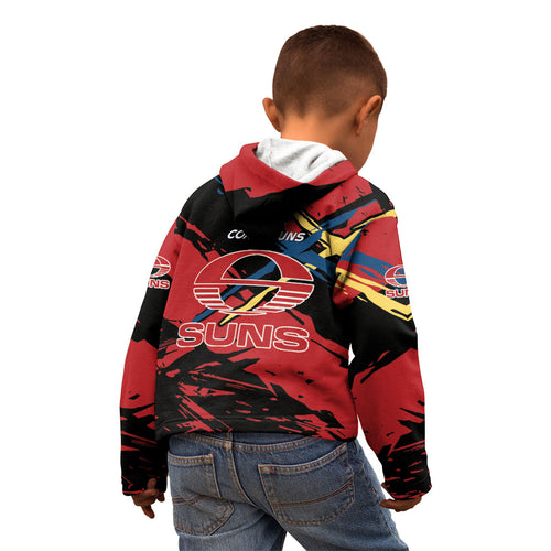 Gold Coast Suns Kid Hoodie Suns Muscular Mascot Graphic - Abstract Paint Splatter Art