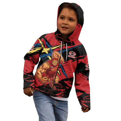 Gold Coast Suns Kid Hoodie Suns Muscular Mascot Graphic - Abstract Paint Splatter Art