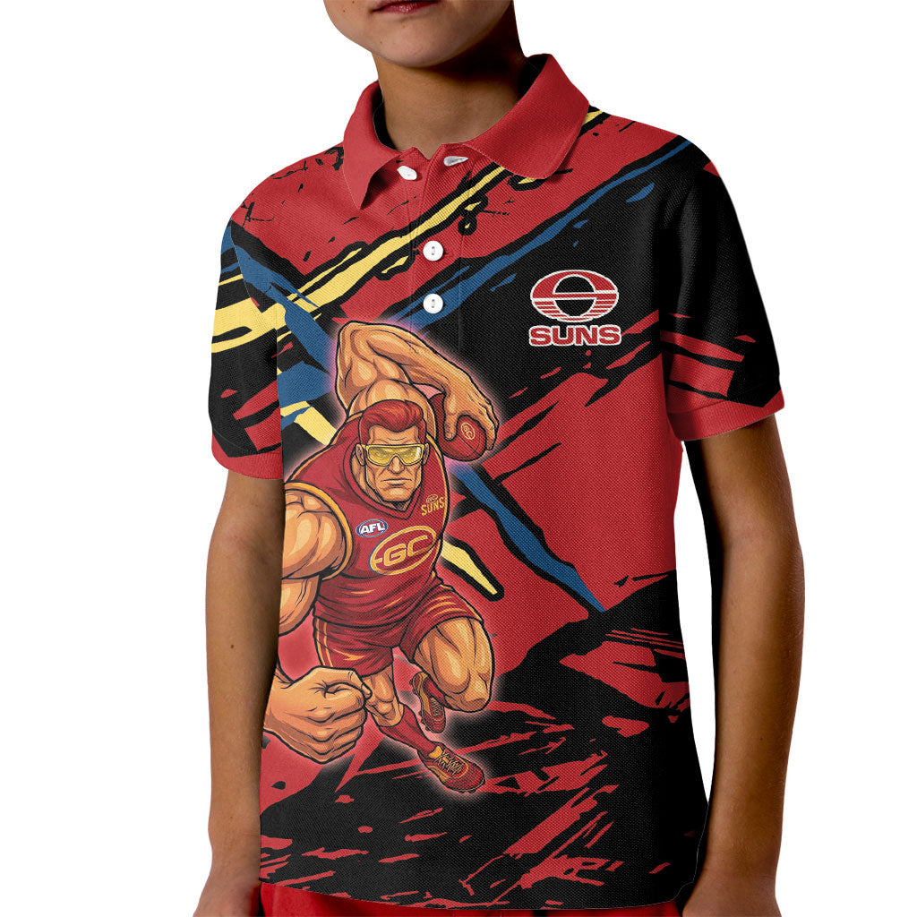 Gold Coast Suns Kid Polo Shirt Suns Muscular Mascot Graphic - Abstract Paint Splatter Art