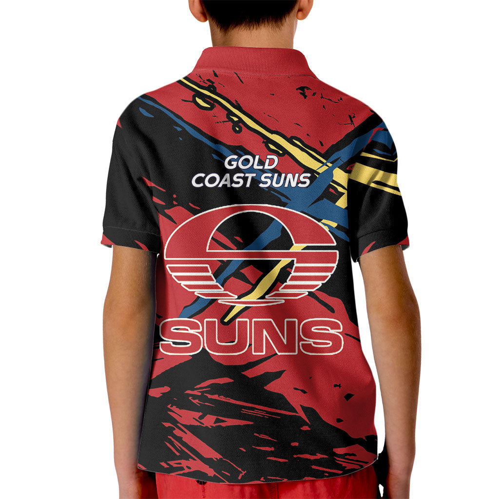 Gold Coast Suns Kid Polo Shirt Suns Muscular Mascot Graphic - Abstract Paint Splatter Art
