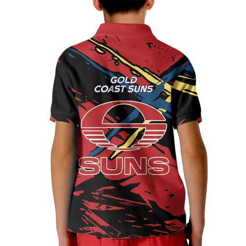 Gold Coast Suns Kid Polo Shirt Suns Muscular Mascot Graphic - Abstract Paint Splatter Art