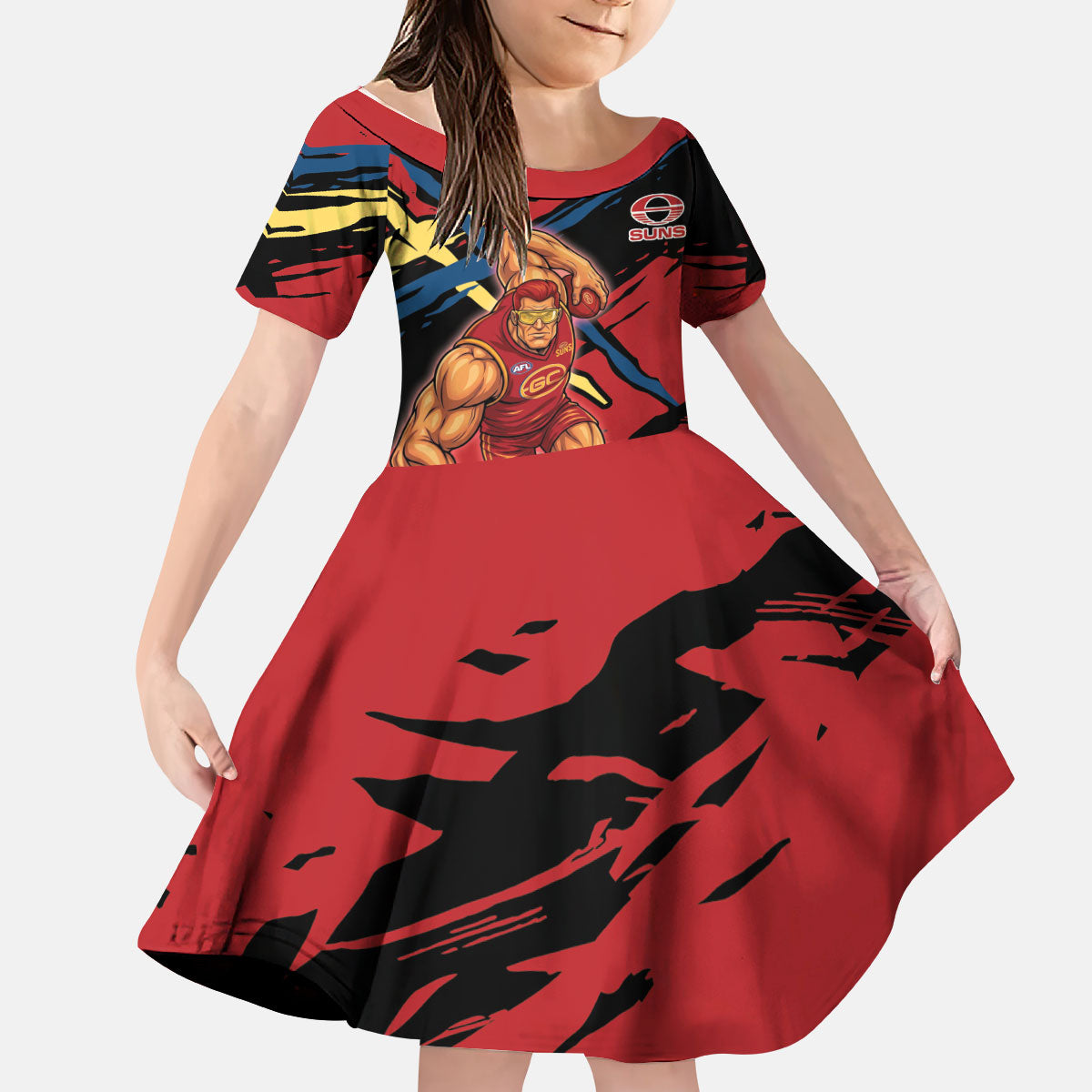 Gold Coast Suns Kid Short Sleeve Dress Suns Muscular Mascot Graphic - Abstract Paint Splatter Art