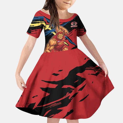 Gold Coast Suns Kid Short Sleeve Dress Suns Muscular Mascot Graphic - Abstract Paint Splatter Art