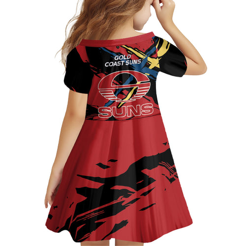 Gold Coast Suns Kid Short Sleeve Dress Suns Muscular Mascot Graphic - Abstract Paint Splatter Art