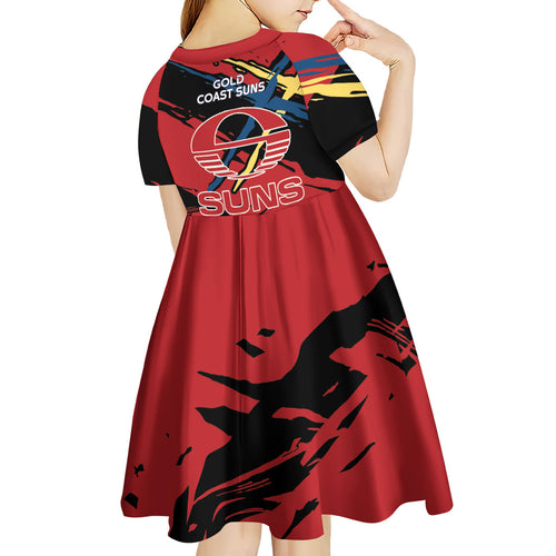 Gold Coast Suns Kid Short Sleeve Dress Suns Muscular Mascot Graphic - Abstract Paint Splatter Art