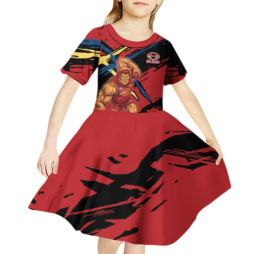 Gold Coast Suns Kid Short Sleeve Dress Suns Muscular Mascot Graphic - Abstract Paint Splatter Art