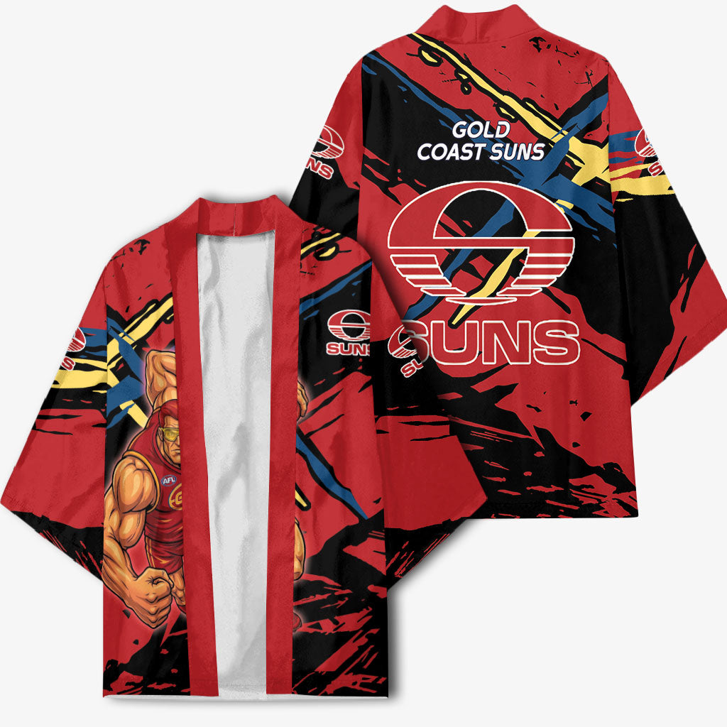 Gold Coast Suns Kimono Suns Muscular Mascot Graphic - Abstract Paint Splatter Art