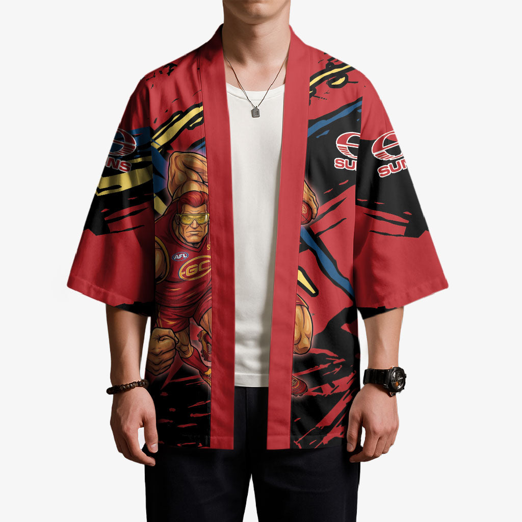 Gold Coast Suns Kimono Suns Muscular Mascot Graphic - Abstract Paint Splatter Art