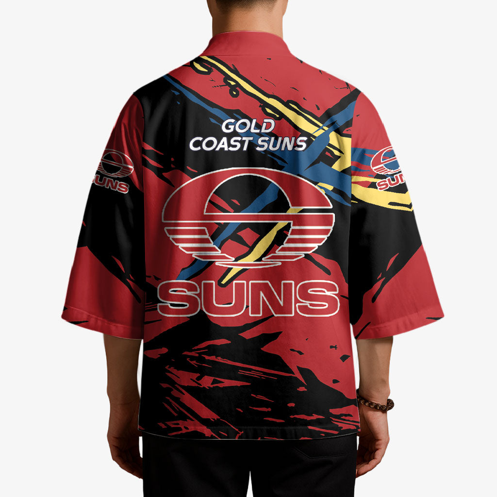 Gold Coast Suns Kimono Suns Muscular Mascot Graphic - Abstract Paint Splatter Art