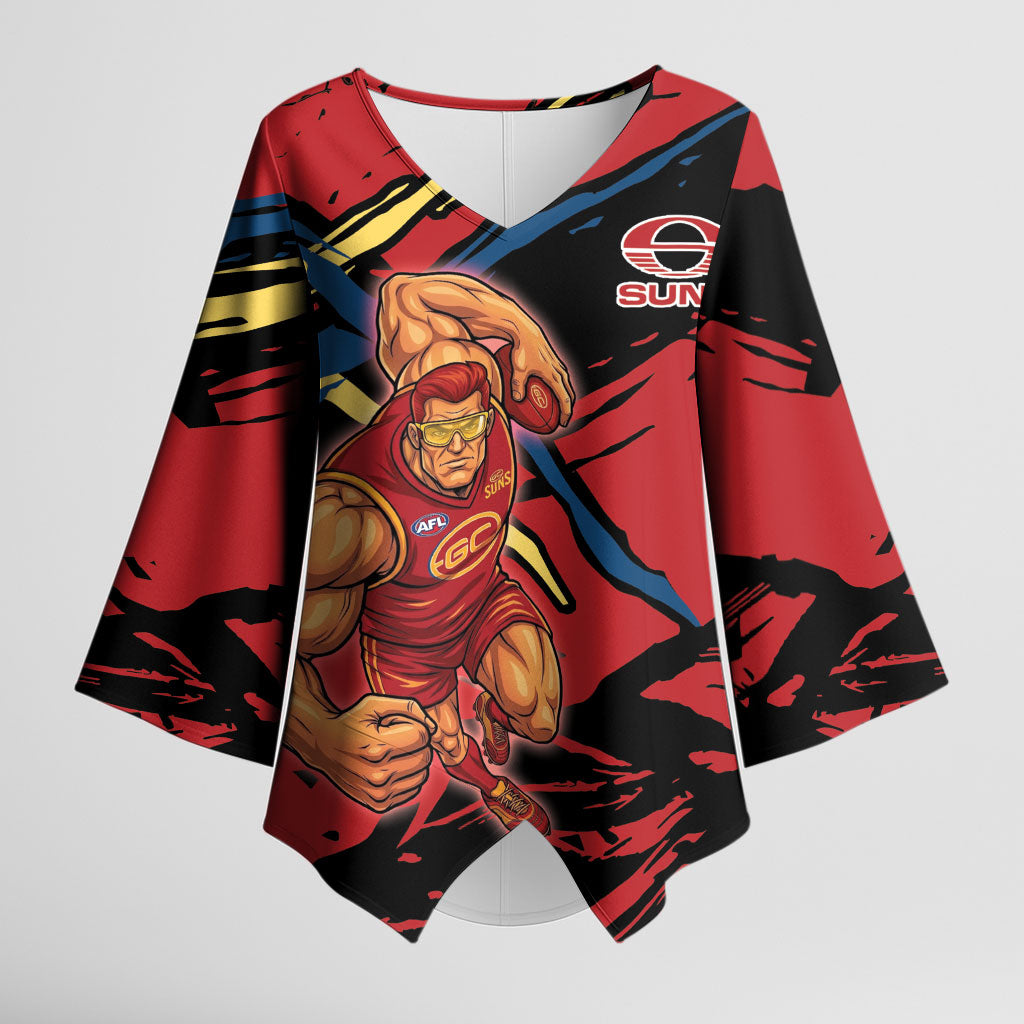 Gold Coast Suns Kimono Sleeve Blouse Suns Muscular Mascot Graphic - Abstract Paint Splatter Art