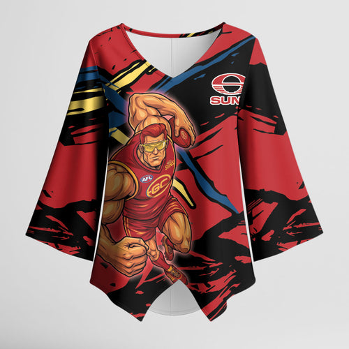 Gold Coast Suns Kimono Sleeve Blouse Suns Muscular Mascot Graphic - Abstract Paint Splatter Art