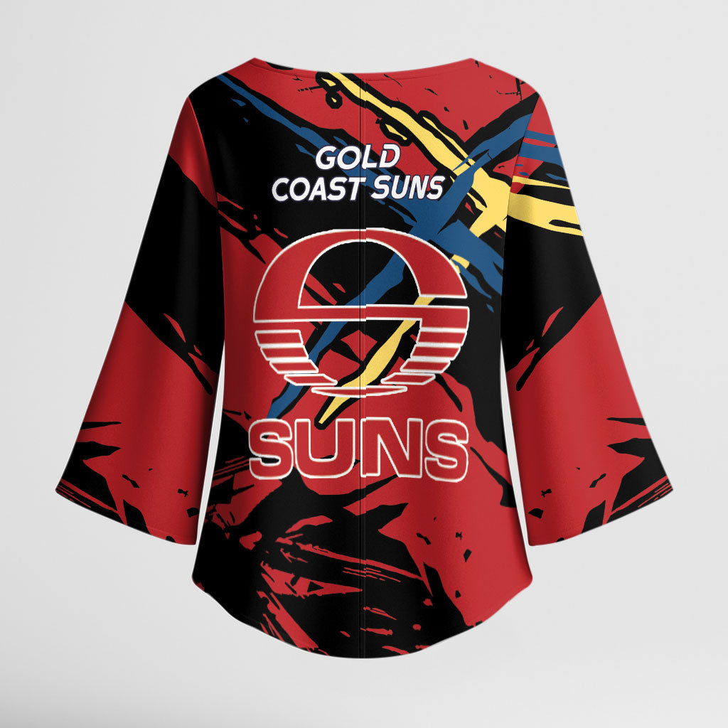 Gold Coast Suns Kimono Sleeve Blouse Suns Muscular Mascot Graphic - Abstract Paint Splatter Art