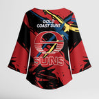 Gold Coast Suns Kimono Sleeve Blouse Suns Muscular Mascot Graphic - Abstract Paint Splatter Art