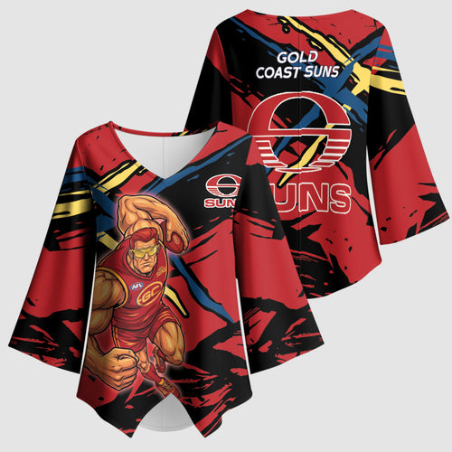 Gold Coast Suns Kimono Sleeve Blouse Suns Muscular Mascot Graphic - Abstract Paint Splatter Art