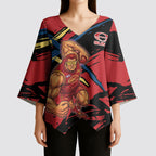 Gold Coast Suns Kimono Sleeve Blouse Suns Muscular Mascot Graphic - Abstract Paint Splatter Art