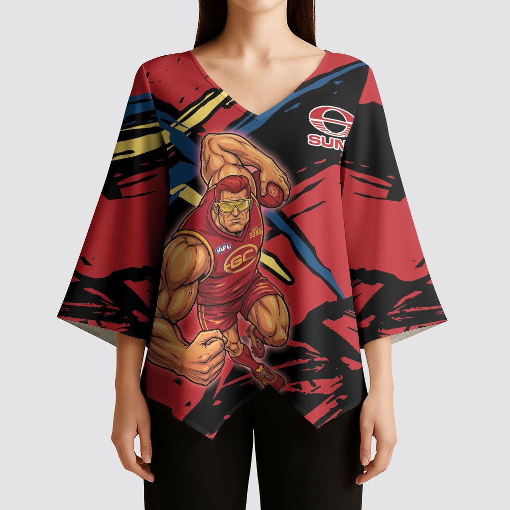 Gold Coast Suns Kimono Sleeve Blouse Suns Muscular Mascot Graphic - Abstract Paint Splatter Art