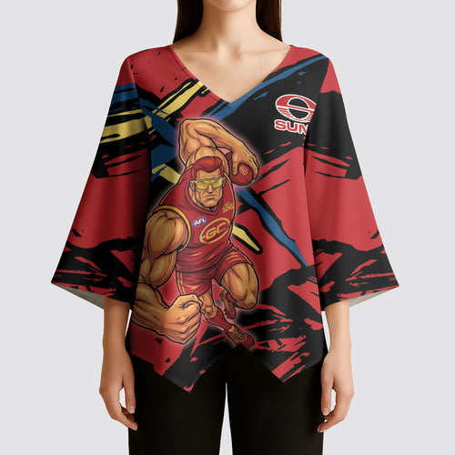 Gold Coast Suns Kimono Sleeve Blouse Suns Muscular Mascot Graphic - Abstract Paint Splatter Art