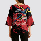 Gold Coast Suns Kimono Sleeve Blouse Suns Muscular Mascot Graphic - Abstract Paint Splatter Art