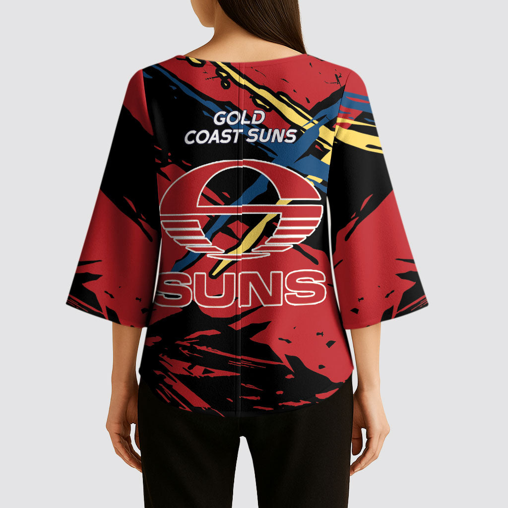 Gold Coast Suns Kimono Sleeve Blouse Suns Muscular Mascot Graphic - Abstract Paint Splatter Art
