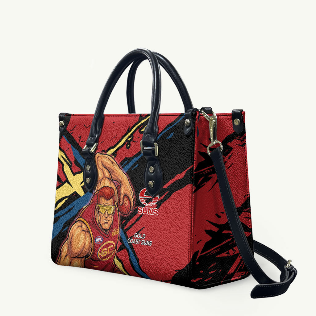 Gold Coast Suns Leather Bag Suns Muscular Mascot Graphic - Abstract Paint Splatter Art