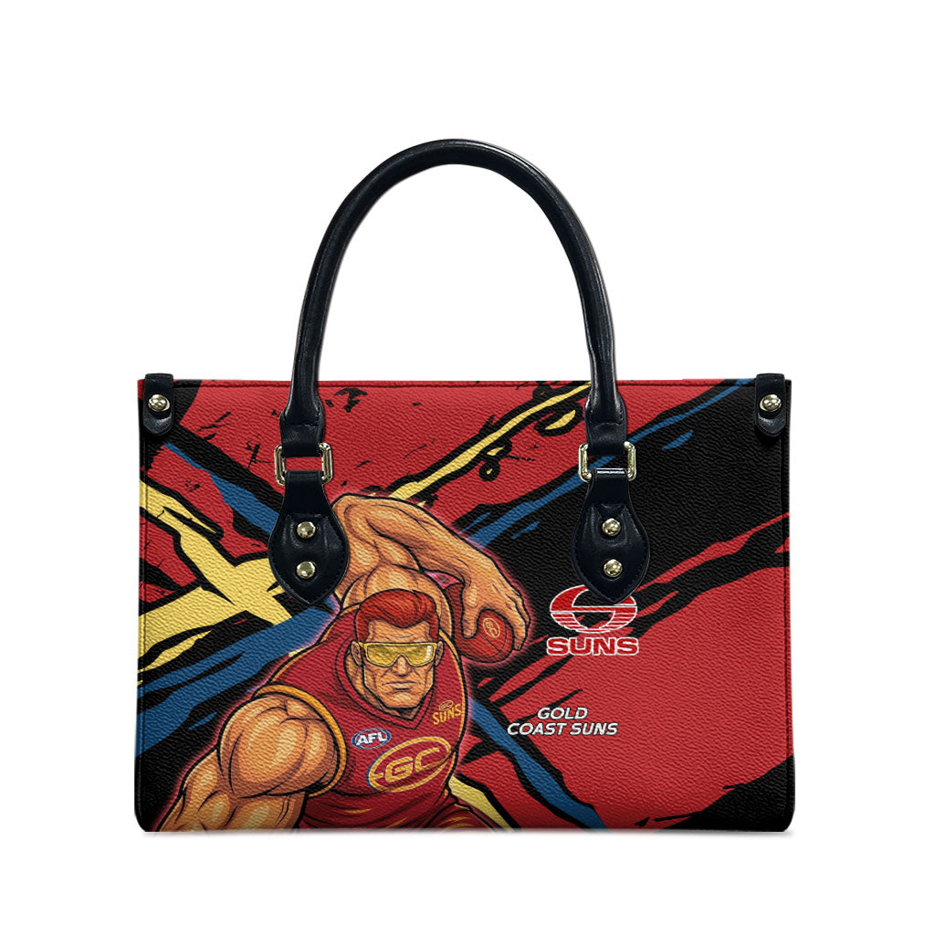 Gold Coast Suns Leather Bag Suns Muscular Mascot Graphic - Abstract Paint Splatter Art