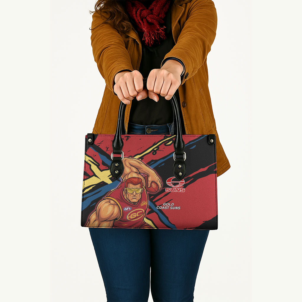 Gold Coast Suns Leather Bag Suns Muscular Mascot Graphic - Abstract Paint Splatter Art