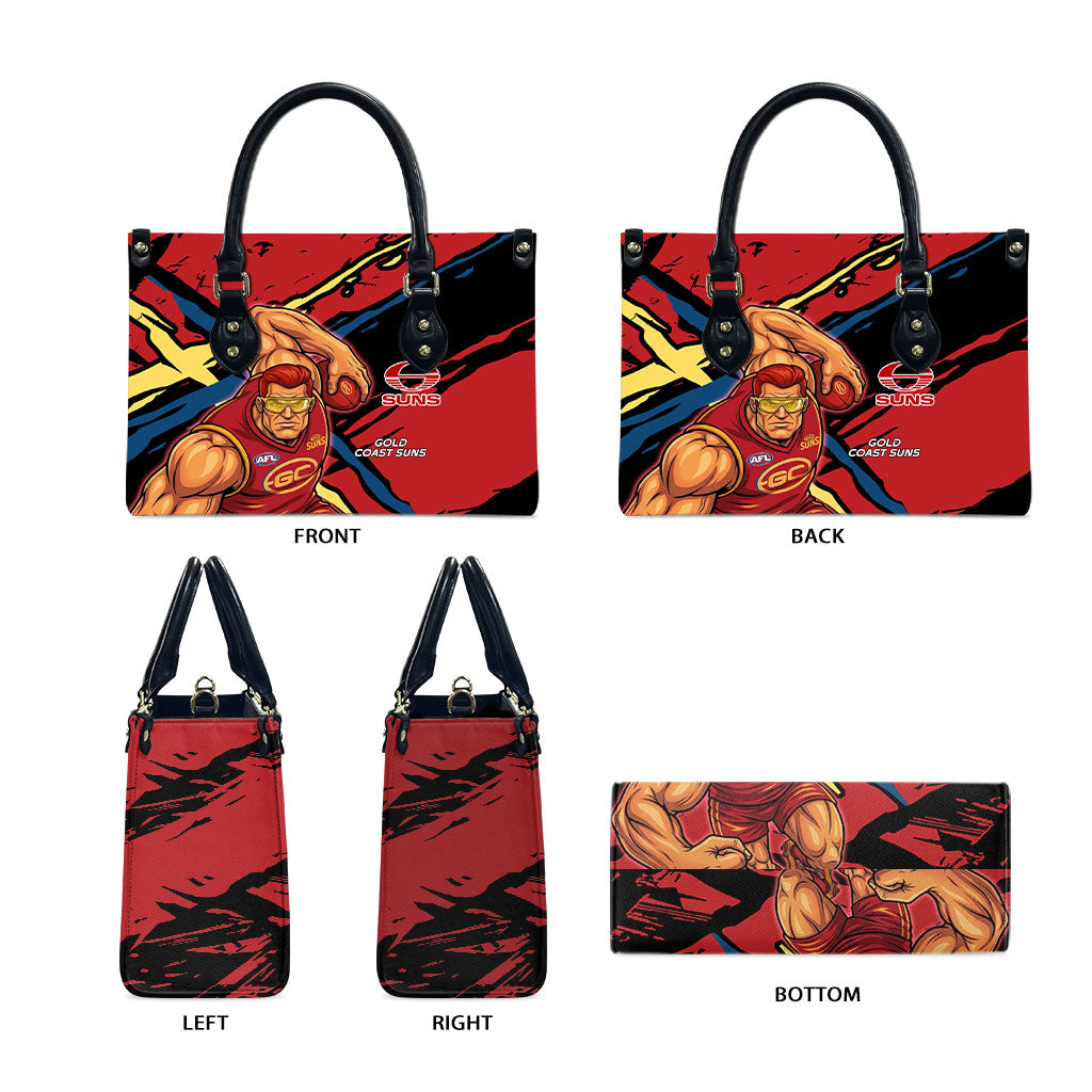 Gold Coast Suns Leather Bag Suns Muscular Mascot Graphic - Abstract Paint Splatter Art
