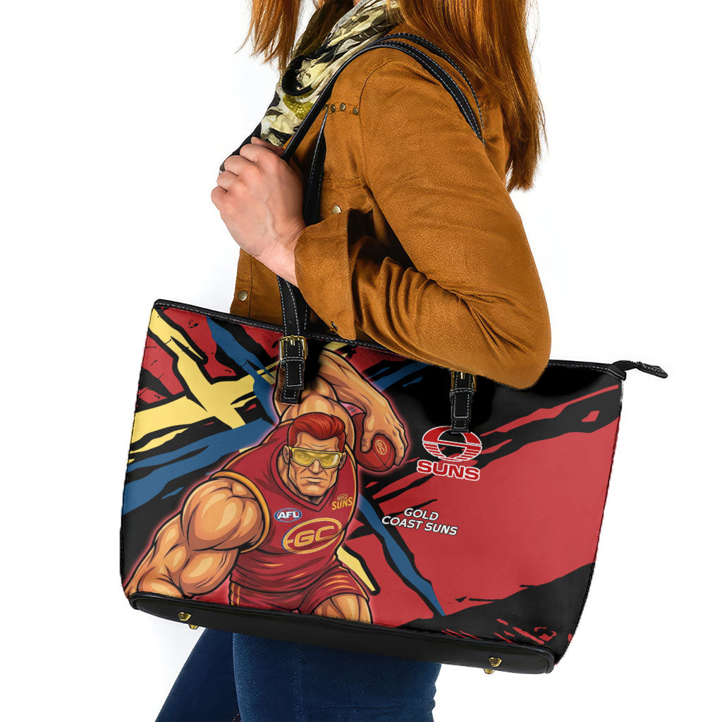 Gold Coast Suns Leather Tote Bag Suns Muscular Mascot Graphic - Abstract Paint Splatter Art