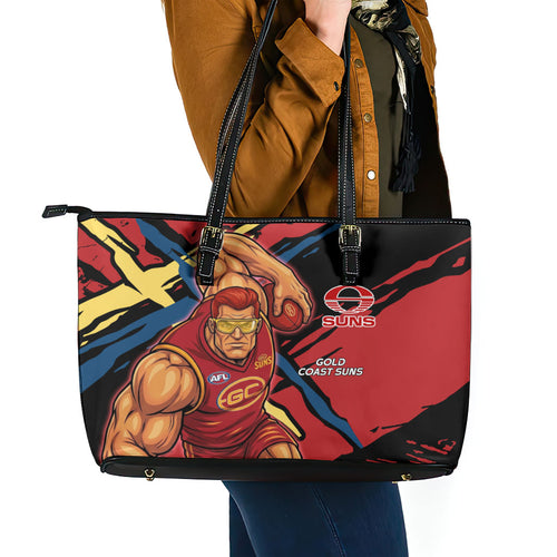 Gold Coast Suns Leather Tote Bag Suns Muscular Mascot Graphic - Abstract Paint Splatter Art