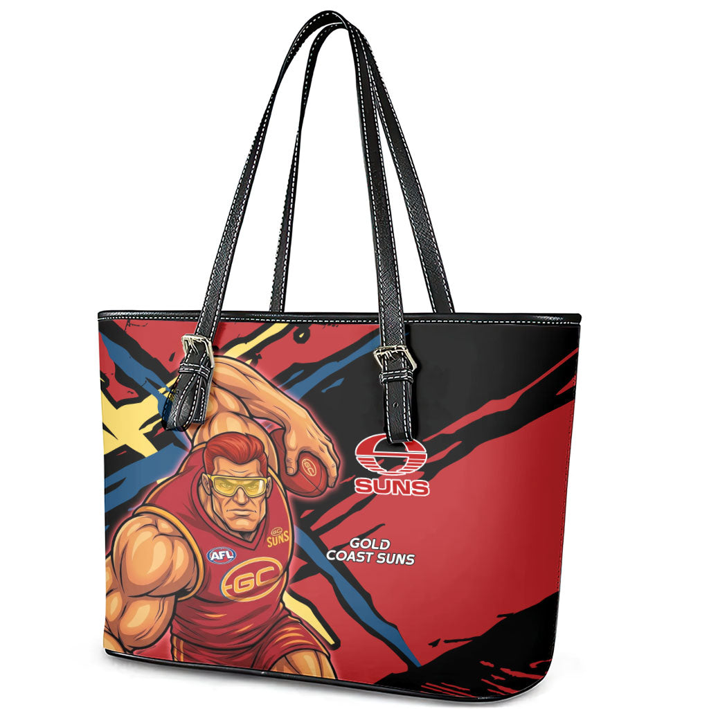 Gold Coast Suns Leather Tote Bag Suns Muscular Mascot Graphic - Abstract Paint Splatter Art