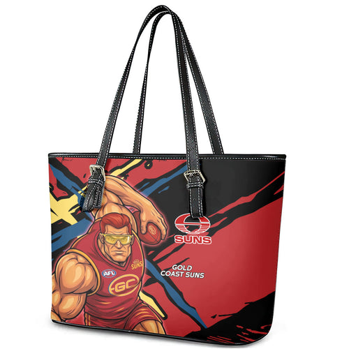 Gold Coast Suns Leather Tote Bag Suns Muscular Mascot Graphic - Abstract Paint Splatter Art