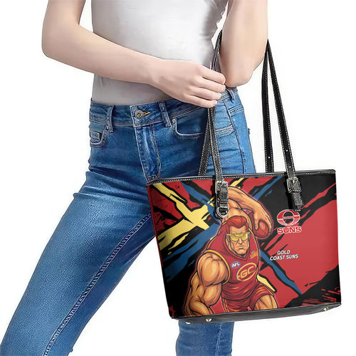 Gold Coast Suns Leather Tote Bag Suns Muscular Mascot Graphic - Abstract Paint Splatter Art
