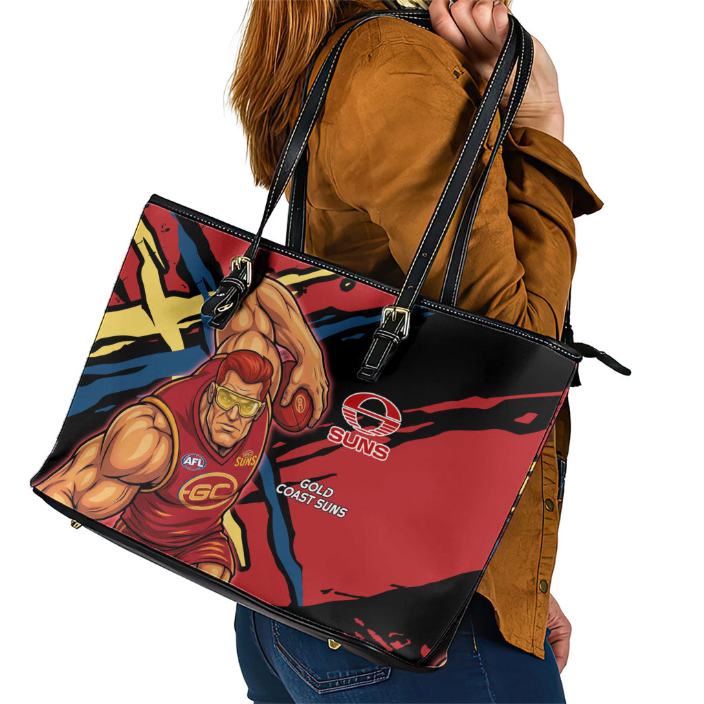 Gold Coast Suns Leather Tote Bag Suns Muscular Mascot Graphic - Abstract Paint Splatter Art