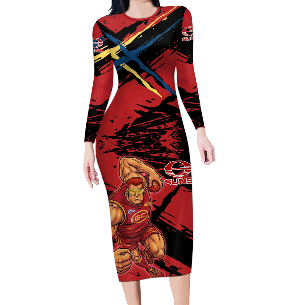 Gold Coast Suns Long Sleeve Bodycon Dress Suns Muscular Mascot Graphic - Abstract Paint Splatter Art