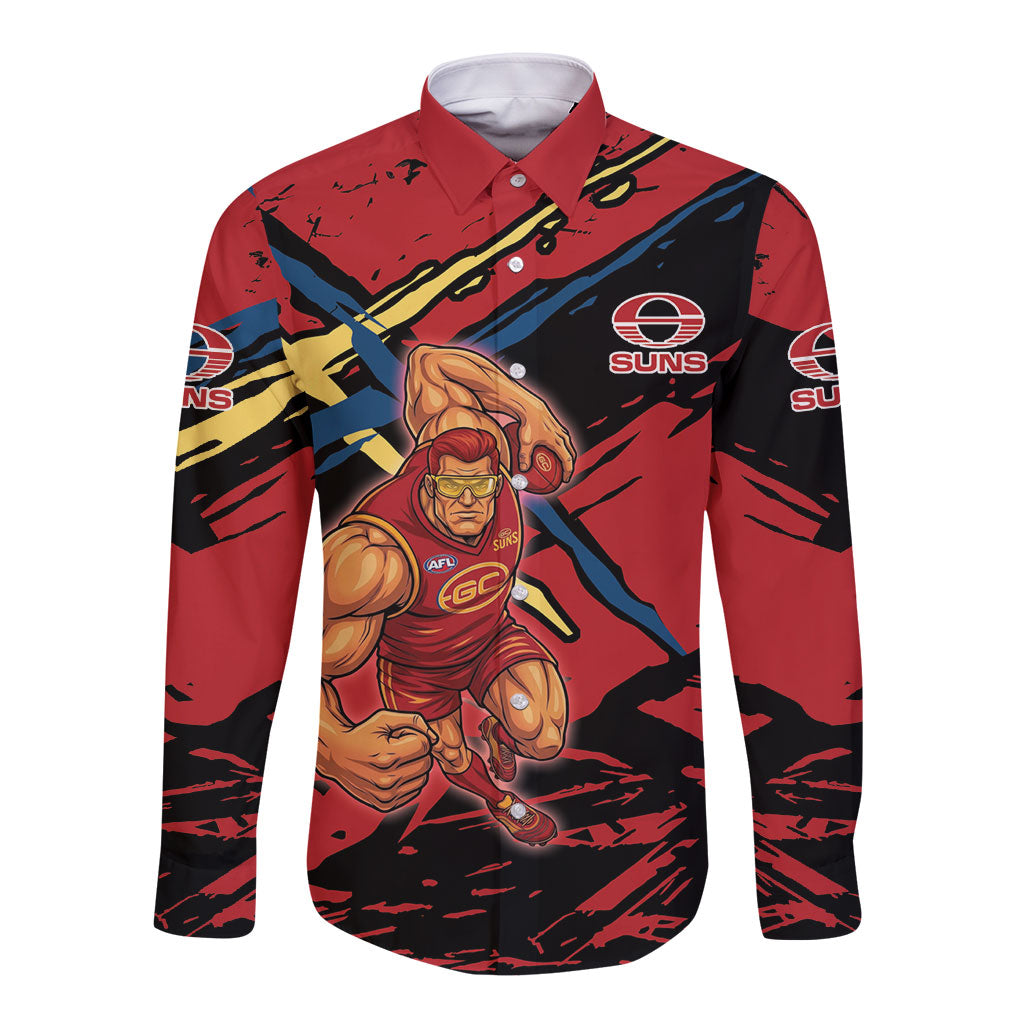 Gold Coast Suns Long Sleeve Button Shirt Suns Muscular Mascot Graphic - Abstract Paint Splatter Art