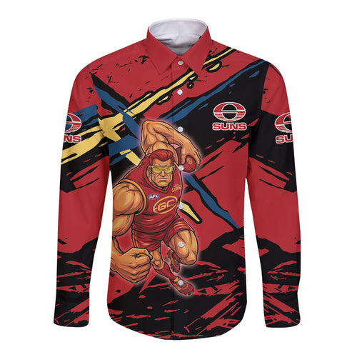 Gold Coast Suns Long Sleeve Button Shirt Suns Muscular Mascot Graphic - Abstract Paint Splatter Art