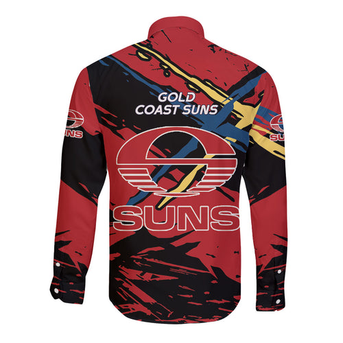 Gold Coast Suns Long Sleeve Button Shirt Suns Muscular Mascot Graphic - Abstract Paint Splatter Art