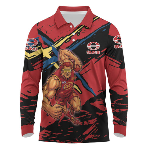 Gold Coast Suns Long Sleeve Polo Shirt Suns Muscular Mascot Graphic - Abstract Paint Splatter Art