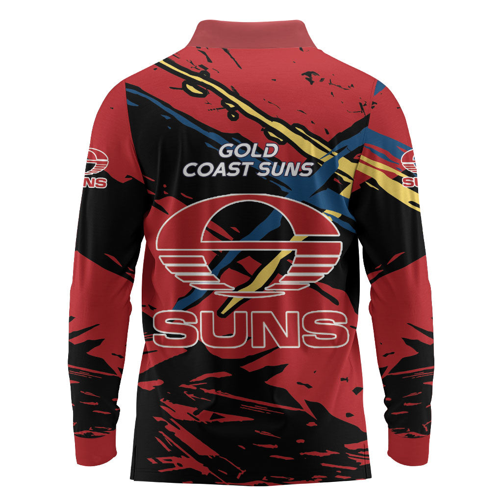 Gold Coast Suns Long Sleeve Polo Shirt Suns Muscular Mascot Graphic - Abstract Paint Splatter Art
