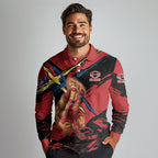 Gold Coast Suns Long Sleeve Polo Shirt Suns Muscular Mascot Graphic - Abstract Paint Splatter Art
