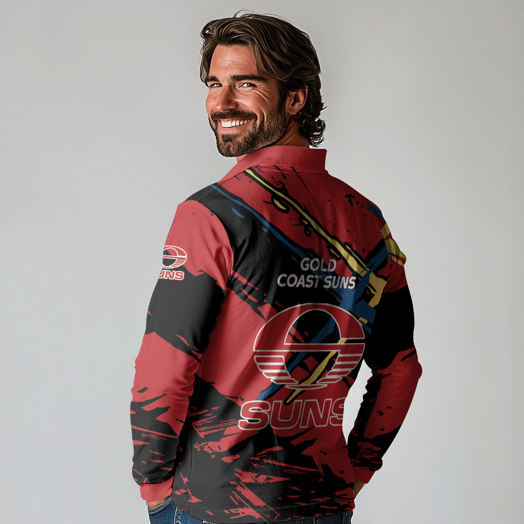 Gold Coast Suns Long Sleeve Polo Shirt Suns Muscular Mascot Graphic - Abstract Paint Splatter Art