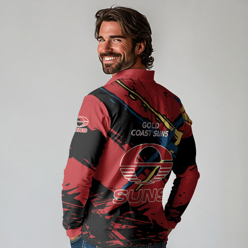 Gold Coast Suns Long Sleeve Polo Shirt Suns Muscular Mascot Graphic - Abstract Paint Splatter Art