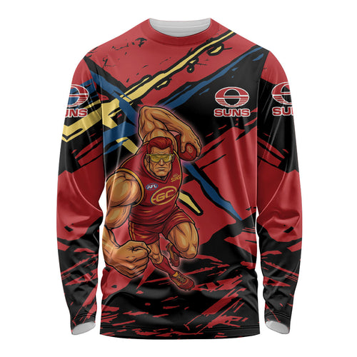Gold Coast Suns Long Sleeve Shirt Suns Muscular Mascot Graphic - Abstract Paint Splatter Art