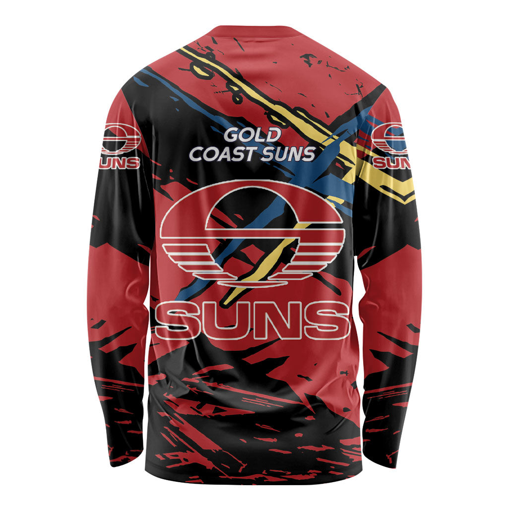 Gold Coast Suns Long Sleeve Shirt Suns Muscular Mascot Graphic - Abstract Paint Splatter Art