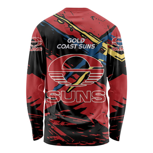 Gold Coast Suns Long Sleeve Shirt Suns Muscular Mascot Graphic - Abstract Paint Splatter Art