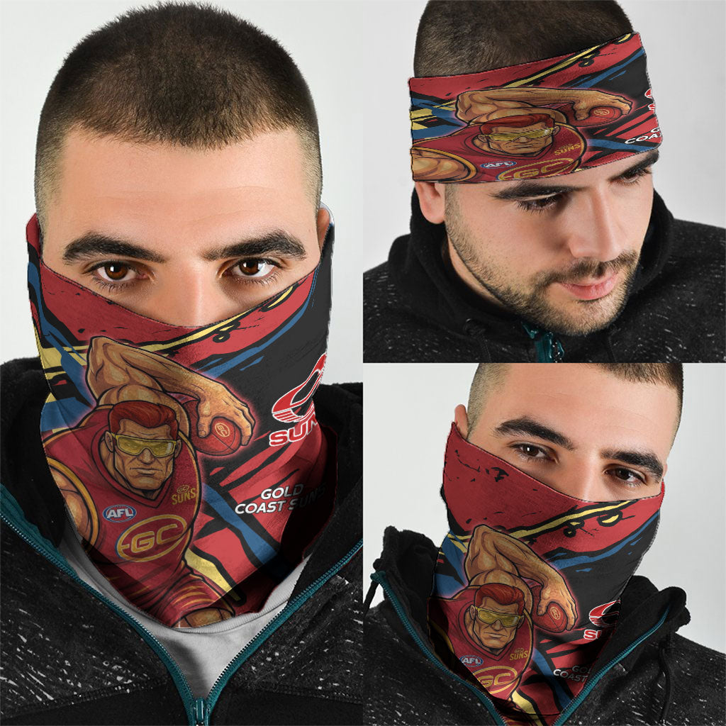 Gold Coast Suns Neck Gaiter Suns Muscular Mascot Graphic - Abstract Paint Splatter Art
