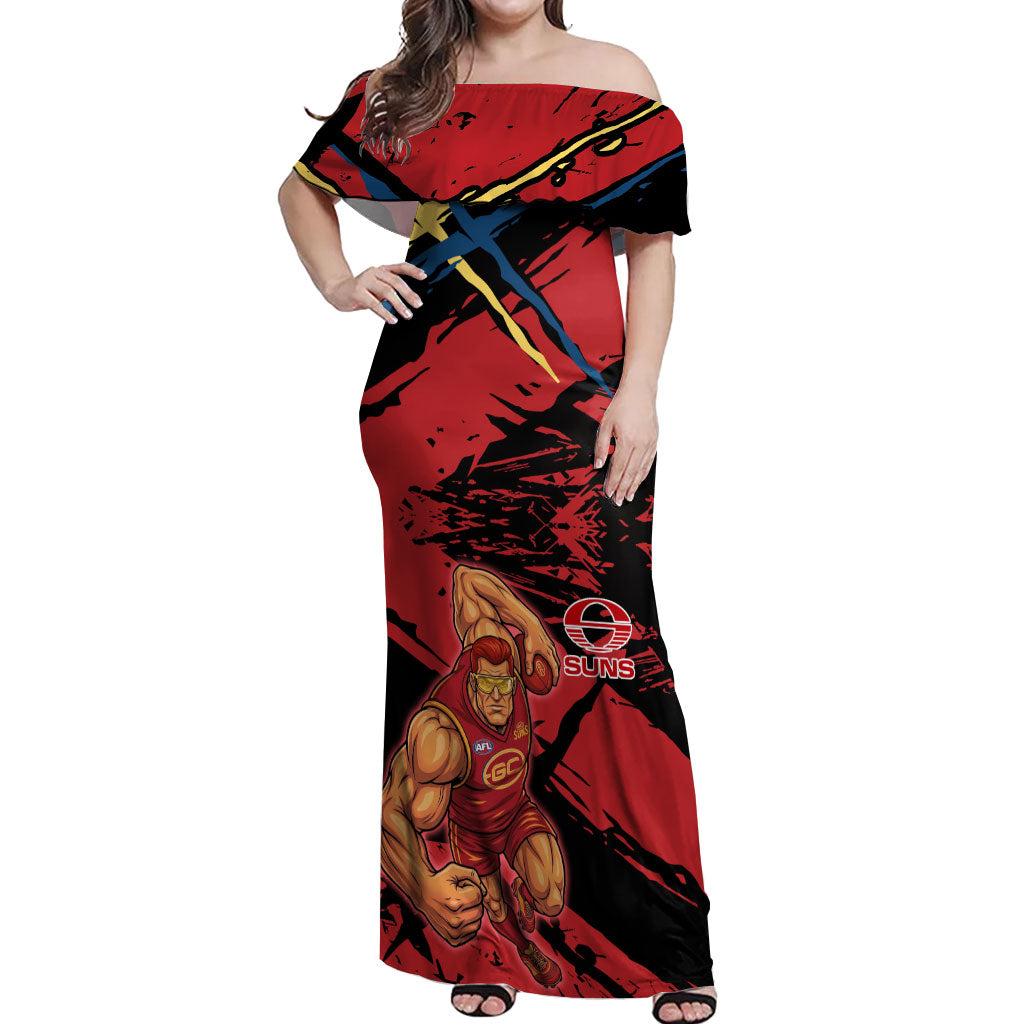 Gold Coast Suns Off Shoulder Maxi Dress Suns Muscular Mascot Graphic - Abstract Paint Splatter Art