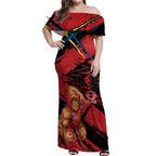 Gold Coast Suns Off Shoulder Maxi Dress Suns Muscular Mascot Graphic - Abstract Paint Splatter Art
