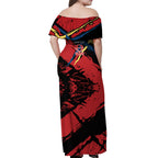 Gold Coast Suns Off Shoulder Maxi Dress Suns Muscular Mascot Graphic - Abstract Paint Splatter Art